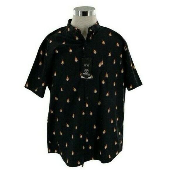 Molokai Surf Co Shirt Men L Short Sleeve Chest Pocket Fireball Flaming Skull NWT - Picture 4 of 9
